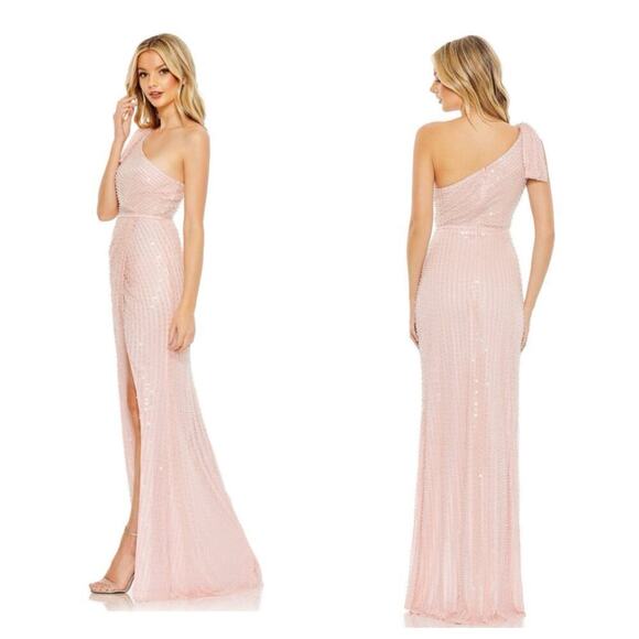 Mac Duggal Pearl Embellished Soft Tie One Shoulder Gown Pink Size 4 NWT - Picture 2 of 14